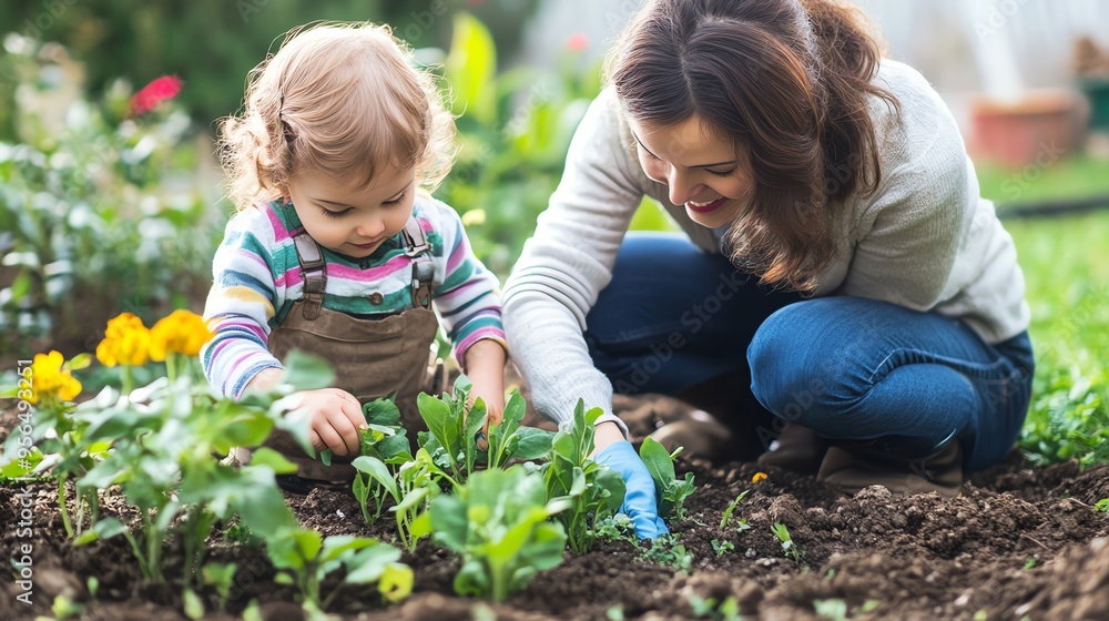 A mother and her young daughter are gardening together, planting seedlings in the soil. A mother and her young daughter are gardening together, planting seedlings in the soil.