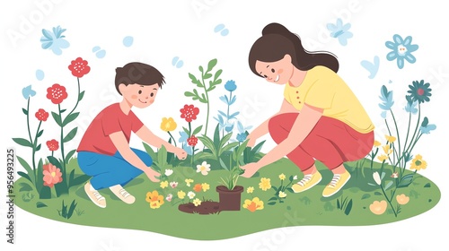 A mother and son are planting a flower in a garden, surrounded by blooming flowers.