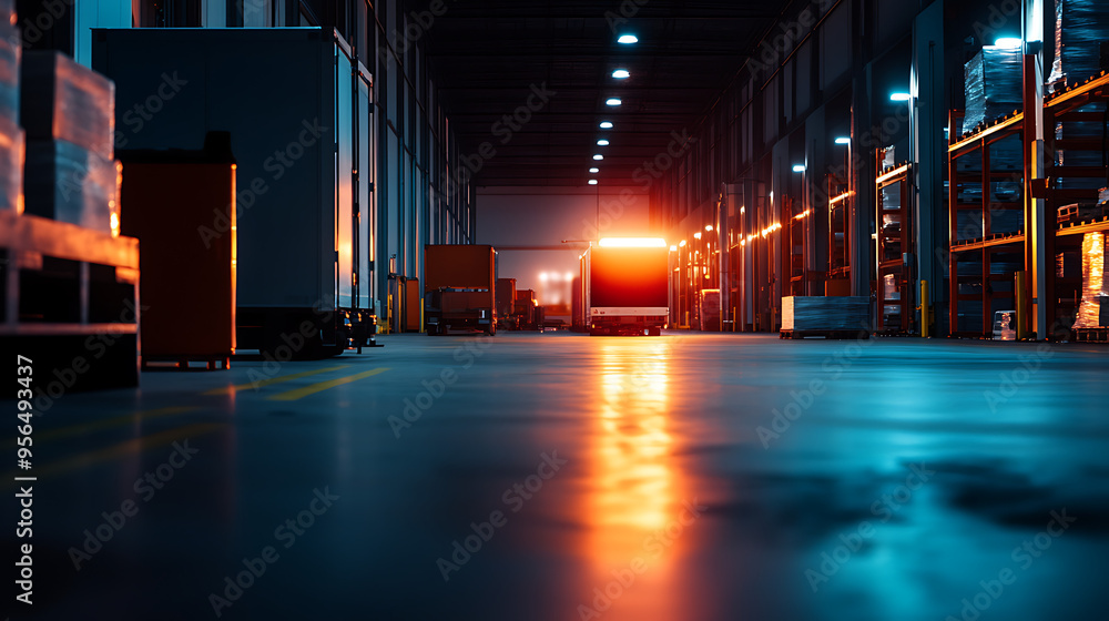 Empty warehouse with bright lights and shadows reflecting on the floor. A forklift is parked in the distance. Empty warehouse with bright lights and shadows reflecting on the floor. A forklift is parked in the distance.