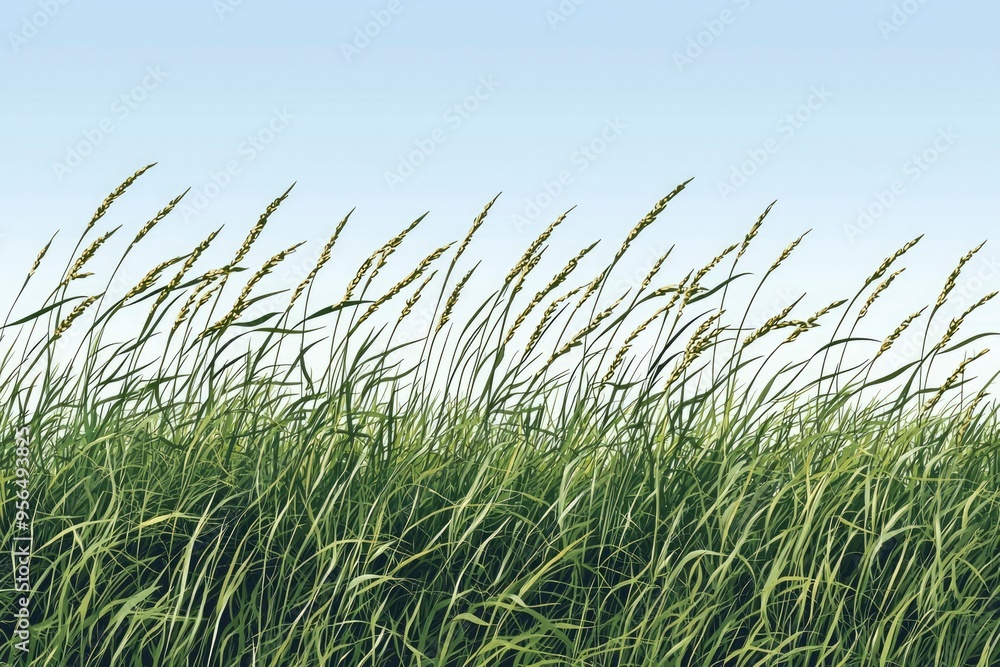 Green Grass Blades Swaying in the Wind Against a Blue Sky Green Grass Blades Swaying in the Wind Against a Blue Sky