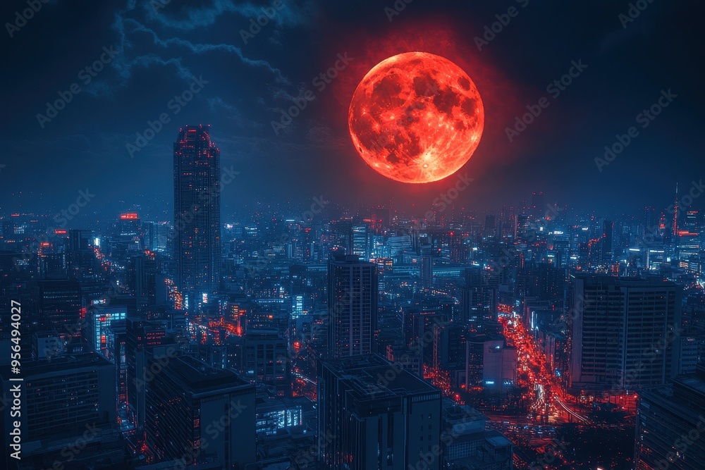A vibrant city skyline under a large, glowing red moon, creating a surreal atmosphere. A vibrant city skyline under a large, glowing red moon, creating a surreal atmosphere.