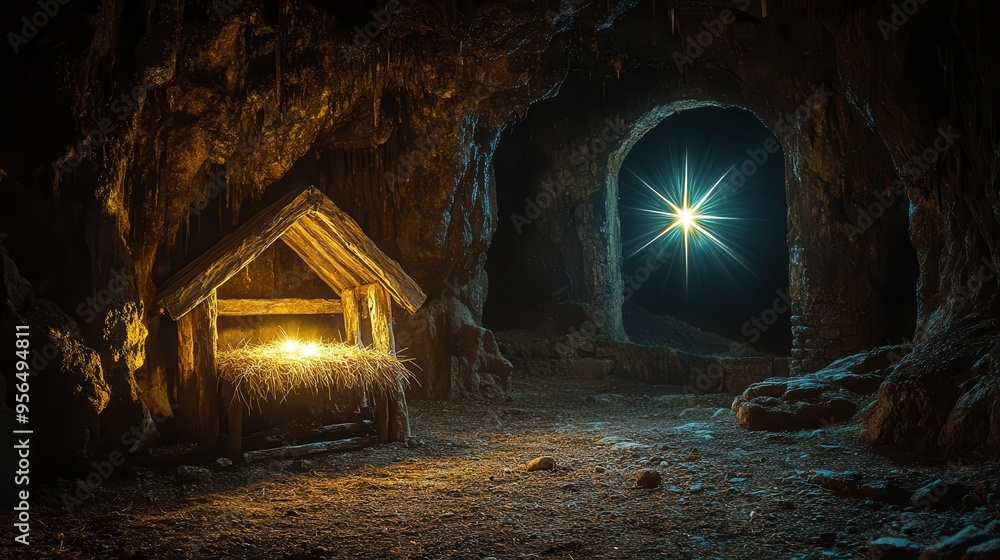 a weathered wooden manger in a dimly lit cave with a bright star shining through an opening symbolizing the birth of jesus in bethlehem a weathered wooden manger in a dimly lit cave with a bright star shining through an opening symbolizing the birth of jesus in bethlehem