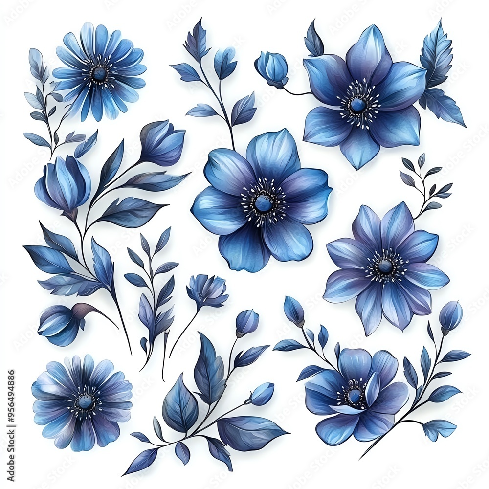 A stunning collection of blue floral elements. Perfect for designs, invitations, and creative projects. A stunning collection of blue floral elements. Perfect for designs, invitations, and creative projects.