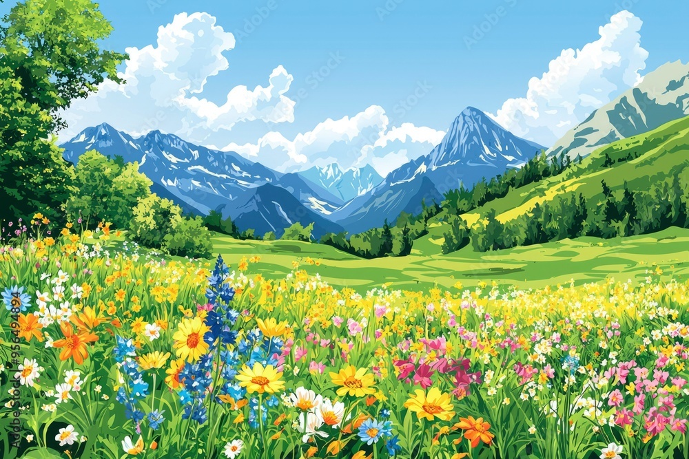Fototapeta premium A Field of Wildflowers in Front of a Mountain Range