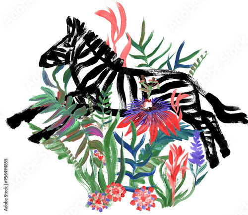 Illustration with gouache painted zebra and tropical flowers isolater photo