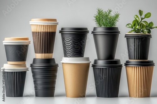 Wallpaper Mural artful arrangement of various takeaway coffee cups on white background showcasing different sizes and designs of black coffee drinks with subtle shadows Torontodigital.ca