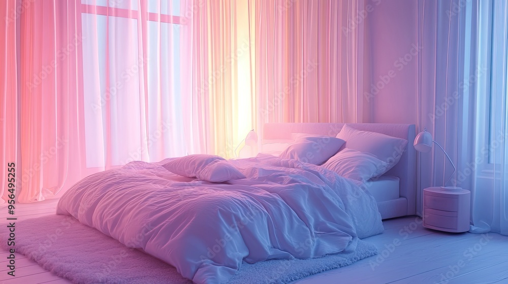 A soft, white bed with fluffy pillows sits in a room with pink and blue curtains. A soft, white bed with fluffy pillows sits in a room with pink and blue curtains.