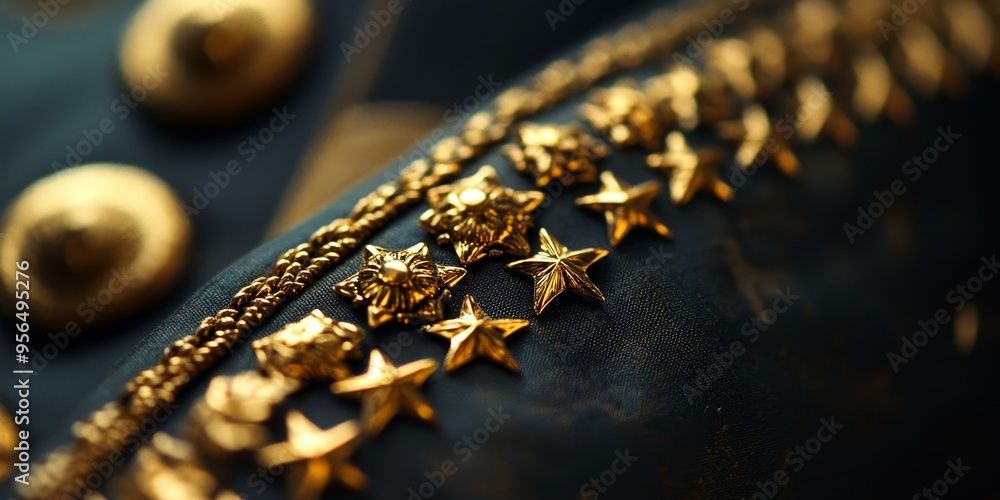 Gold stars and chain on dark fabric. Gold stars and chain on dark fabric.