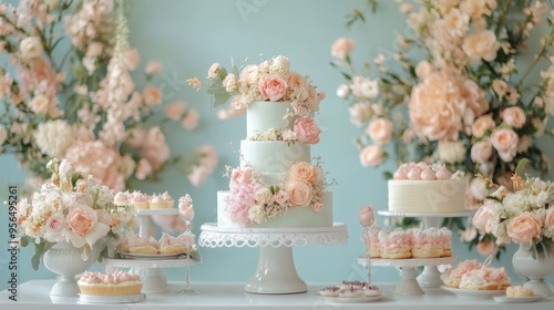 A beautiful wedding cake decorated with delicate flowers sits on a table surrounded by other sweet treats.