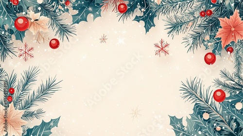 Bright and cheerful Christmas frame featuring pine branches, red ornaments, poinsettias, and snowflakes on a light background, capturing the essence of holiday cheer. photo