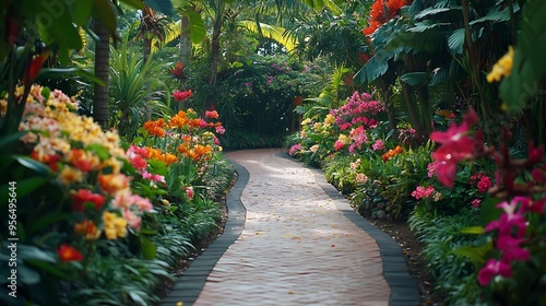 Path in tropical flower garden Indonesia June 28 2024 : Generative AI