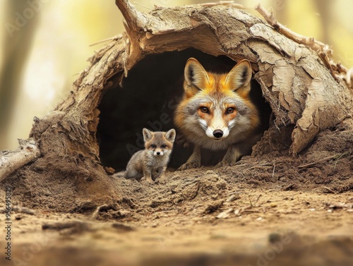 A fox and its cub peek out from their cozy den made of earthy materials, capturing the essence of family bonding, protection, and natural beauty in their woodland home.