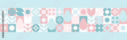 Seamless background with flowers for the spring holiday of Easter with a texture of circles and squares. Wallpaper mosaic with geometric shapes, pastel background with eggs and hares.