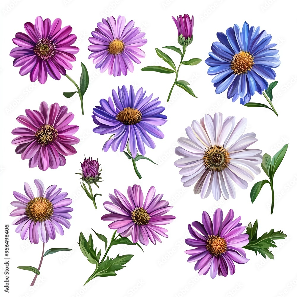 Fototapeta premium A vibrant collection of assorted purple flowers showcasing unique shapes and textures, ideal for nature-themed projects.