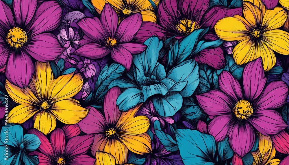 Line art illustration featuring a floral background pattern in vibrant colors Line art illustration featuring a floral background pattern in vibrant colors