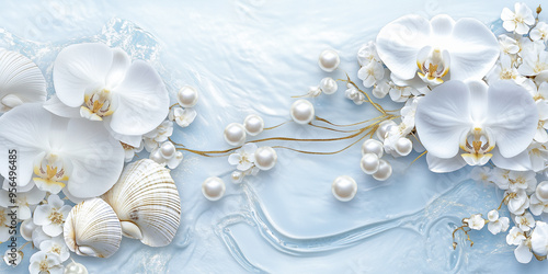Luxurious flat lay composition with sea white shells, pearls and orchids on blue textured background with copy space, top view. Postcard, wedding invitation