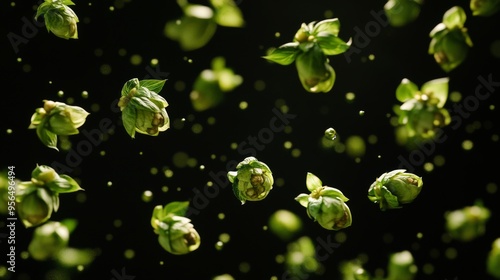 This image captures green hops seemingly floating in mid-air against a dark backdrop, emphasizing the movement and freshness of the ingredients used in brewing craft beers.