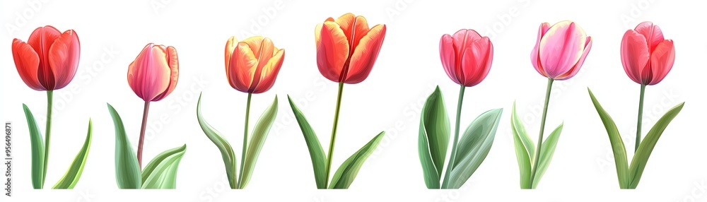 A vibrant collection of colorful tulips showcasing shades of red, pink, and orange, ideal for spring-themed designs. A vibrant collection of colorful tulips showcasing shades of red, pink, and orange, ideal for spring-themed designs.