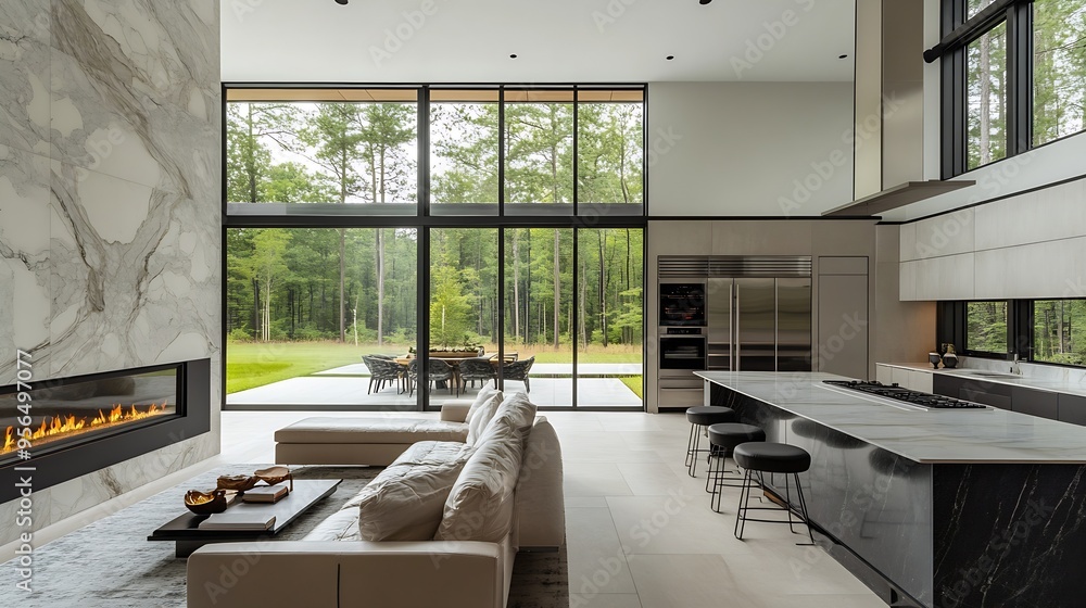Fototapeta premium Contemporary modern home exterior and interior with floor to ceiling marble fireplace black granite countertops in the kitchen modern stylish furniture built in wall ovens custom fridg : Generative AI