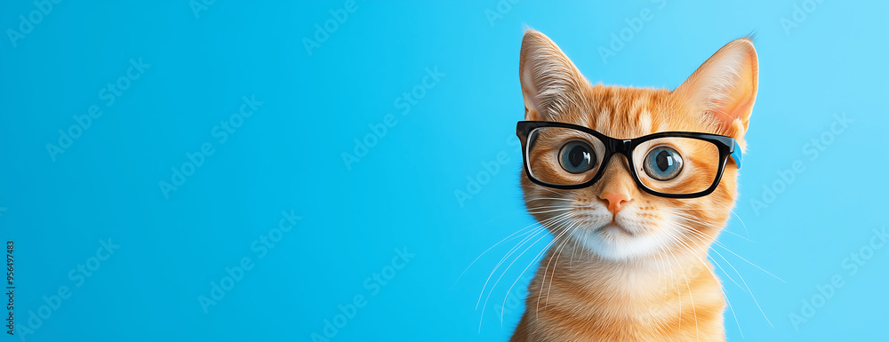 Ginger Cat Wearing Glasses on a Bright Blue Background, Portraying a Cute and Smart Feline Character with Style, Copy Space for text Ginger Cat Wearing Glasses on a Bright Blue Background, Portraying a Cute and Smart Feline Character with Style, Copy Space for text