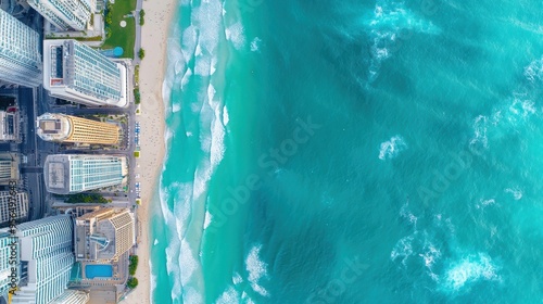 an aerial perspective of a coastal city, where modern buildings meet the ocean, with waves gently crashing against the shore and boats docked in the marina