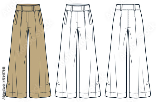 Wide Leg Pants fashion flat technical drawing template. Denim Pants technical fashion illustration, zipper, pockets, belt, front and back view, white, beige, women, men, unisex CAD mockup set.