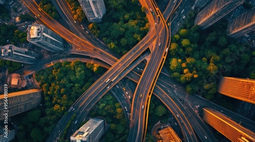 an aerial shot of a city intersection, where multiple roads converge, and traffic moves in synchronized patterns, emphasizing the complexity of urban infrastructure