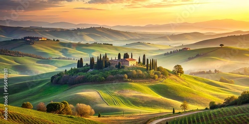 Tuscan countryside at sunrise, with picturesque rolling hills and charming farmhouses