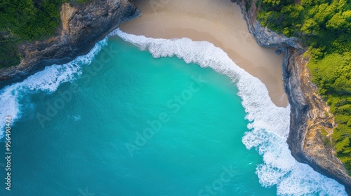 an aerial shot of a hidden beach surrounded by cliffs, with waves crashing against the rocks and seagulls flying overhead, capturing the untouched beauty of nature