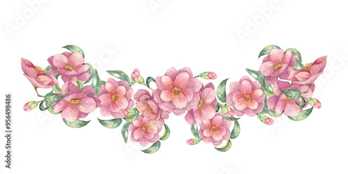 Camelia japonica flowers band with green leaves in watercolor. Hand-drawn isolated floral Clipart of pink blooming flowers, composition for wrapping paper, tote bags, wedding invitations, stationery