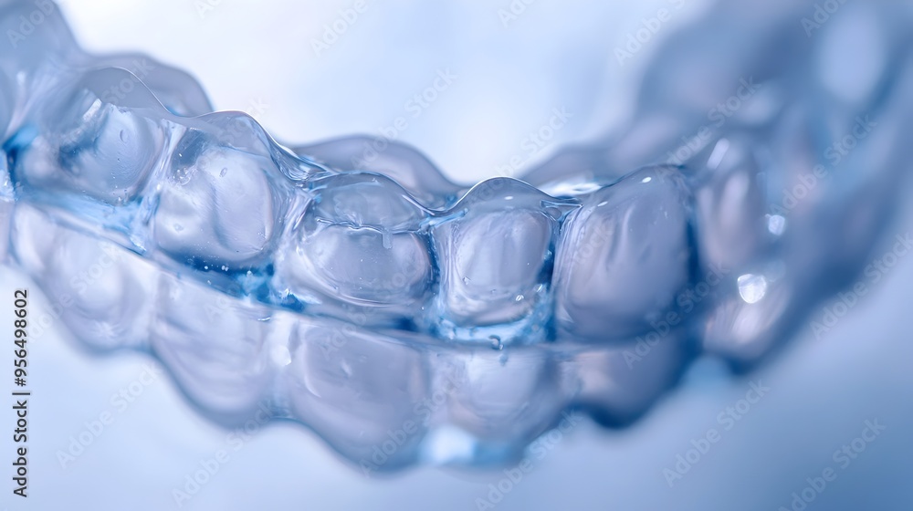 Macro photography of a clear transparent dental retainer closely fitted over a set of teeth showcasing the orthodontic appliance s form and function in dental care and tooth alignment Macro photography of a clear transparent dental retainer closely fitted over a set of teeth showcasing the orthodontic appliance s form and function in dental care and tooth alignment
