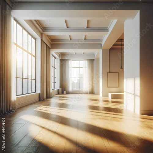 Large bright room, hall with windows. Interior of an empty room. 3D illustration. 