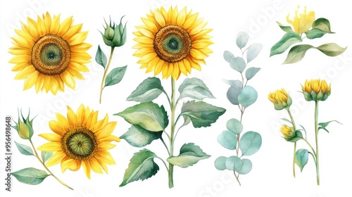 Fototapeta Naklejka Na Ścianę i Meble -  Watercolor illustration set featuring hand painted sunflowers including yellow flowers buds leaves and eucalyptus branches Classic floral botanical design
