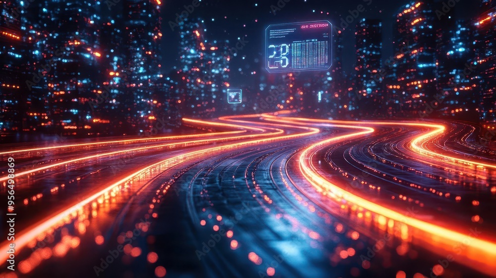 abstract 3d render of race track neon light trails marking course floating holographic stats and lap times futuristic cityscape background abstract 3d render of race track neon light trails marking course floating holographic stats and lap times futuristic cityscape background