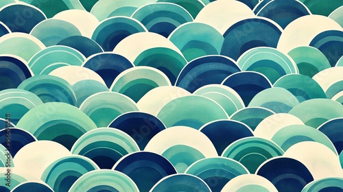 Abstract pattern of overlapping blue, green, and white semi-circles.