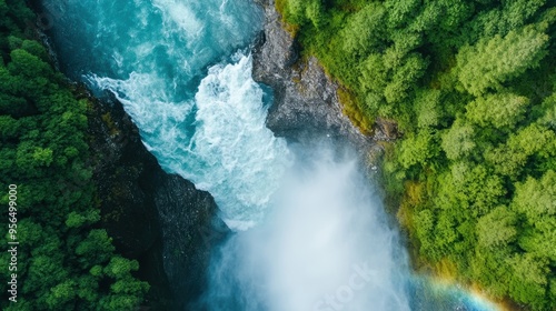 an aerial shot of a powerful waterfall cascading down a rocky cliff, with mist rising from the base and rainbows forming in the spray