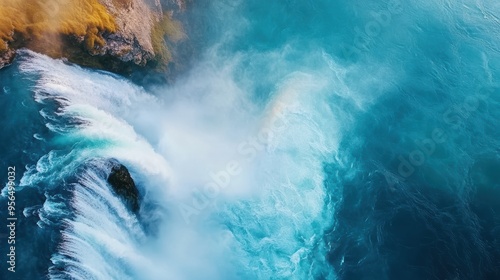 an aerial shot of a powerful waterfall cascading down a rocky cliff, with mist rising from the base and rainbows forming in the spray