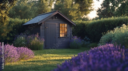 Lavender summer house among beaufiful lavender bushes : Generative AI photo