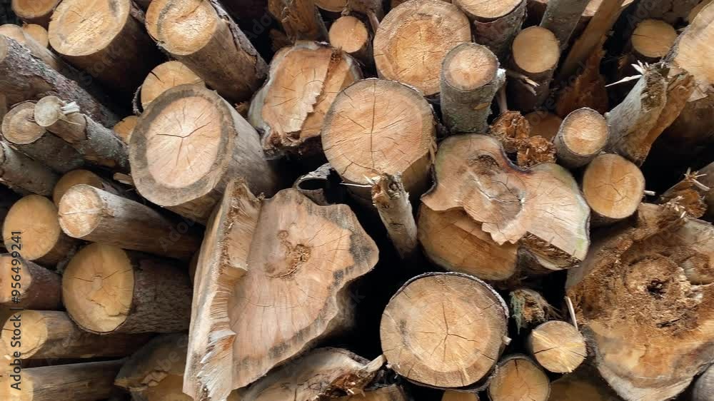 A pile of beautiful wood cut into big blocks stacked on the ground for firewood in a gloomy afternoon A pile of beautiful wood cut into big blocks stacked on the ground for firewood in a gloomy afternoon