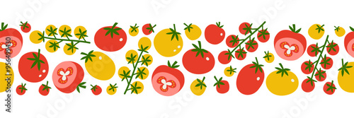 Tomato seamless horizontal border. Fresh organic veggie red and yellow print for kitchen, menu, food package design. Hand drawn flat vector illustration. Healthy cute kitchen backdrop.