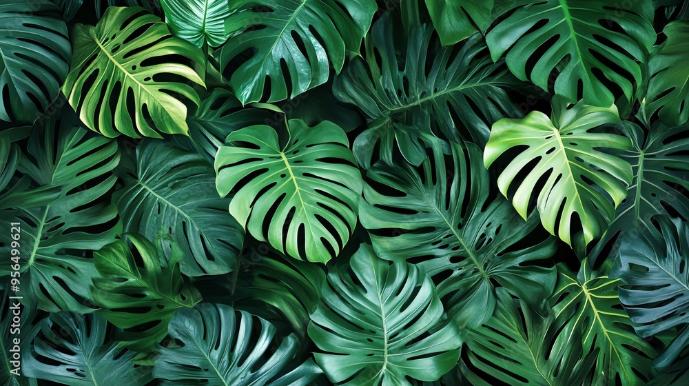 A vibrant close-up of lush green monstera leaves, creating a tropical and natural background. A vibrant close-up of lush green monstera leaves, creating a tropical and natural background.