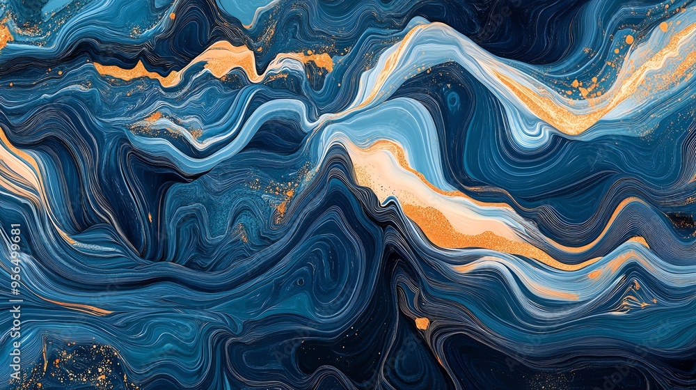Abstract blue and gold marbled background with swirling lines and glitter. Abstract blue and gold marbled background with swirling lines and glitter.