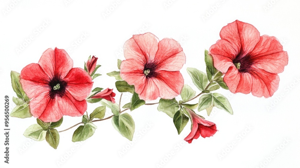 Watercolor rendering of red petunias accompanied by leaves Watercolor rendering of red petunias accompanied by leaves