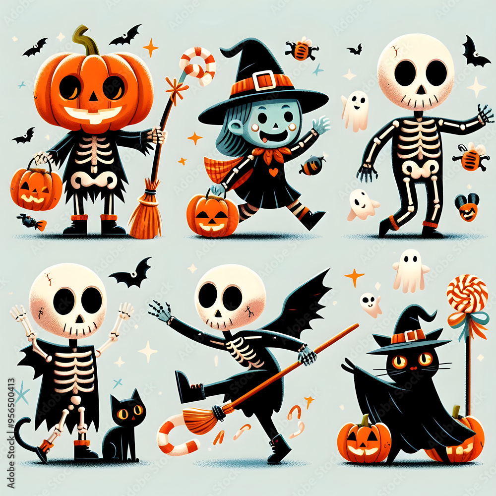 A digital illustration featuring a group of cute and spooky Halloween characters including a pumpkin A digital illustration featuring a group of cute and spooky Halloween characters including a pumpkin