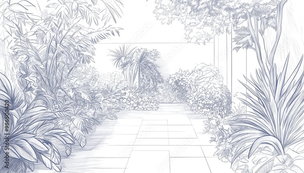 Line art illustration of a serene garden featuring lush greenery and pathways capturing a tranquil outdoor space in an urban setting Line art illustration of a serene garden featuring lush greenery and pathways capturing a tranquil outdoor space in an urban setting
