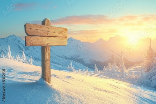 Wooden Signpost on Snowy Mountain Peak at Sunset