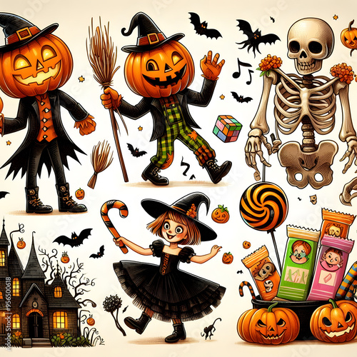 Halloween characters including a pumpkin, ghost, witch, and skeleton.