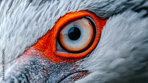 Closeup image capturing the vibrant textures of a dalmatian pelicans orange eye grey skin and red wattle against its soft feather pattern : Generative AI photo