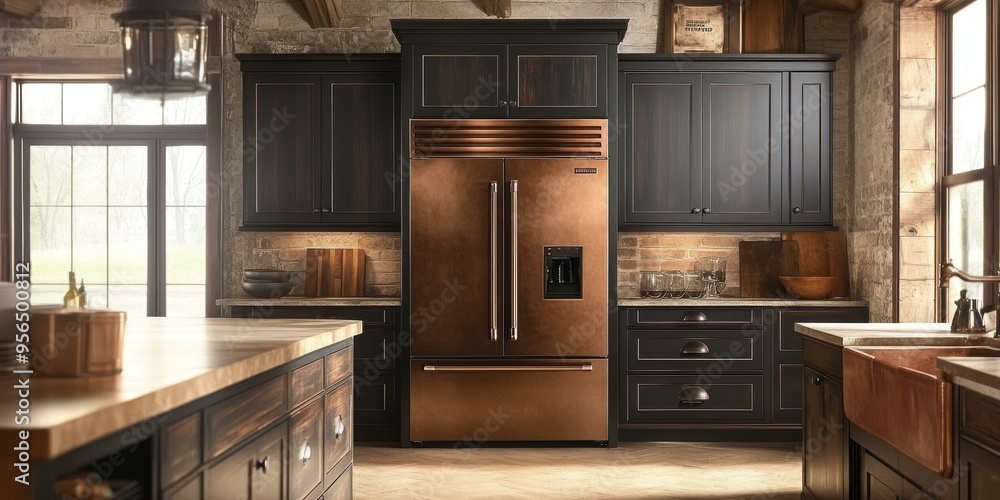 Copper refrigerator and farmhouse sink in a kitchen. Copper refrigerator and farmhouse sink in a kitchen.