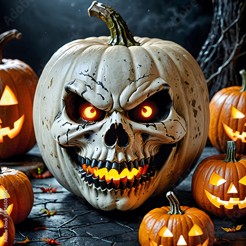 A group of spooky jack-o'-lanterns glowing in the dark on a Halloween night. Perfect for creating Halloween-themed designs